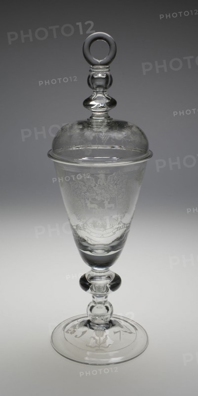 Covered Diamond-Engraved Armorial Marriage Goblet, England, c. 1700-1709. Creator: Unknown.