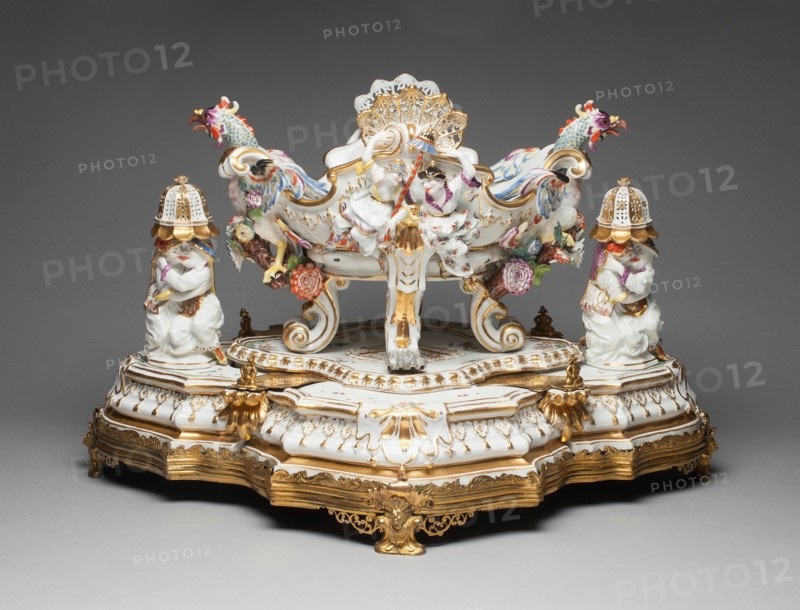 Centerpiece and Stand with Pair of Sugar Casters, Meissen, 1737. Creator: Meissen Porcelain.