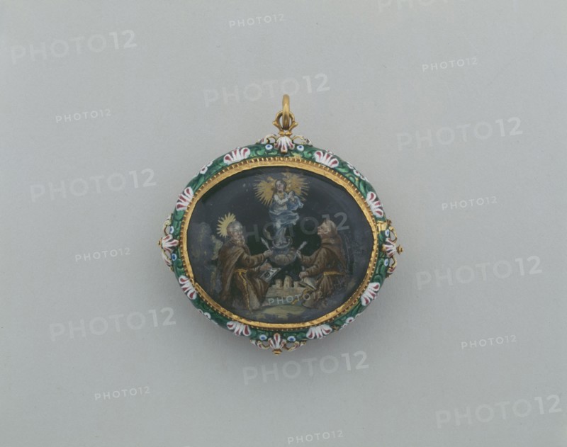 Double-Sided Pendant with the Virgin Immaculate with Ramon Llull and Duns Scotus..., c1675-c1750. Creator: Unknown.
