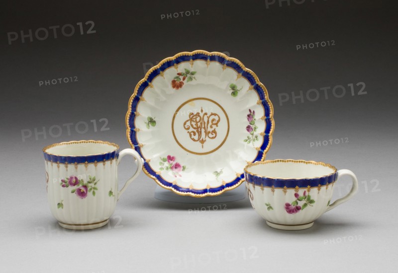 Teacup, Coffee Cup, and Saucer, Worcester, 1775/80. Creator: Royal Worcester.