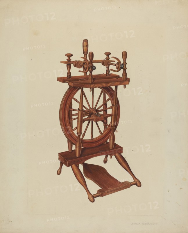 Wood Spinning Wheel, c. 1938. Creator: Arthur Matthews.