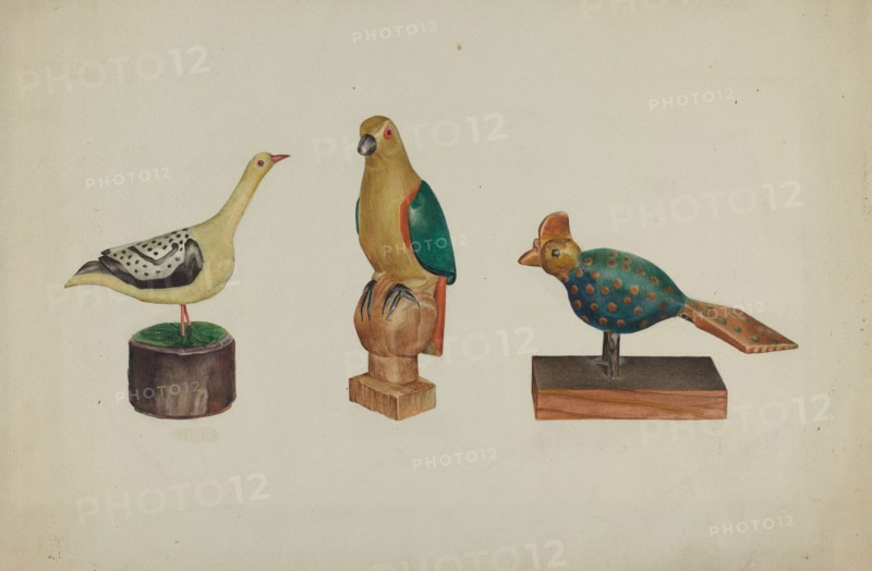 Pa. German Three Carved and Painted Birds, c. 1937. Creator: Victor F. Muollo.