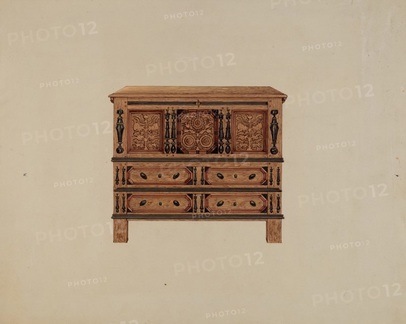 Two Drawer Sunflower Chest - front view, 1936. Creator: Martin Partyka.