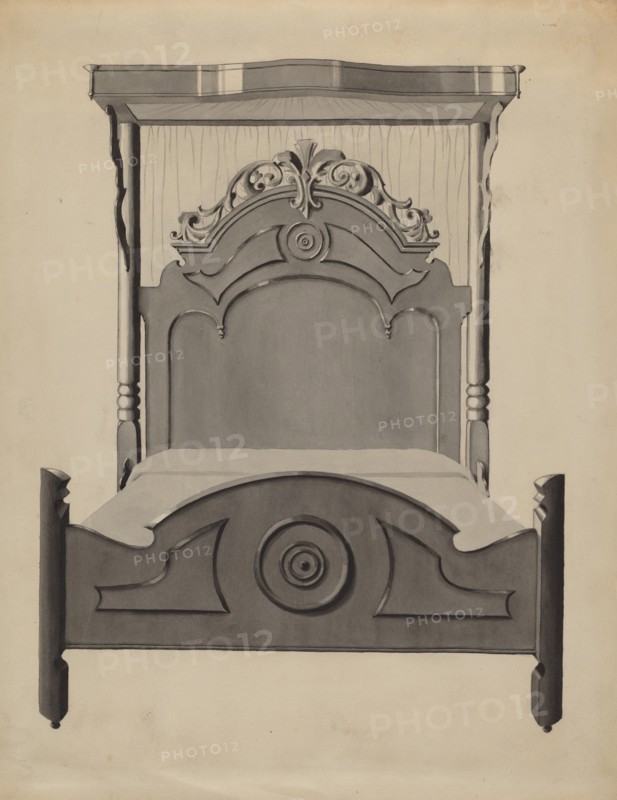 Half-canopy Carved Bed, c. 1936. Creator: Dorothy Posten.