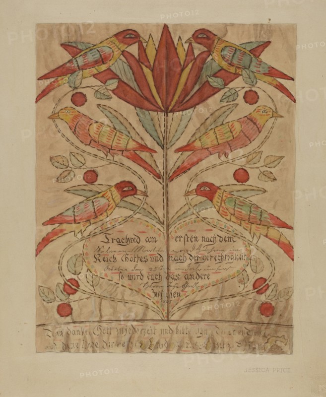 Fractur Drawing (Birth Certificate), c. 1936. Creator: Jessica Price.