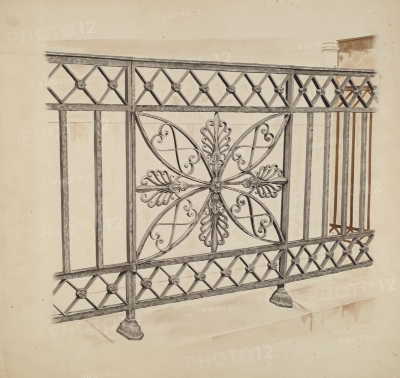 Iron Gate and Fence, c. 1936. Creator: Ray Price.