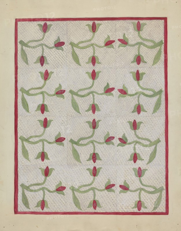 Tulip Pattern Quilt, c. 1937. Creator: Mabel Ritter.