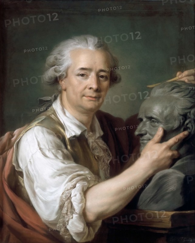 Augustin Pajou (1730-1809) sculping a bust of his teacher Lemoyne the Younger, 1782. Creator: Labille-Guiard, Adélaïde (1749-1803).