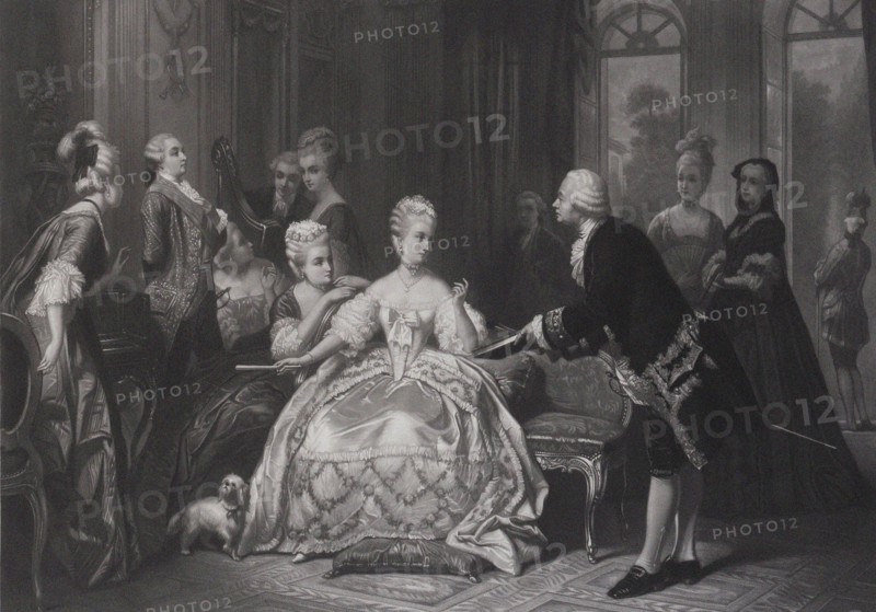 Christoph Willibald Gluck hands Queen Marie Antoinette the score of the opera..., at Trianon. Creator: Hamman, Edouard Jean Conrad (1819-1888).