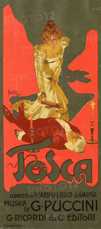 Poster for the Opera Tosca by G. Puccini, 1899. Creator: Hohenstein, Adolfo (1854-1928).