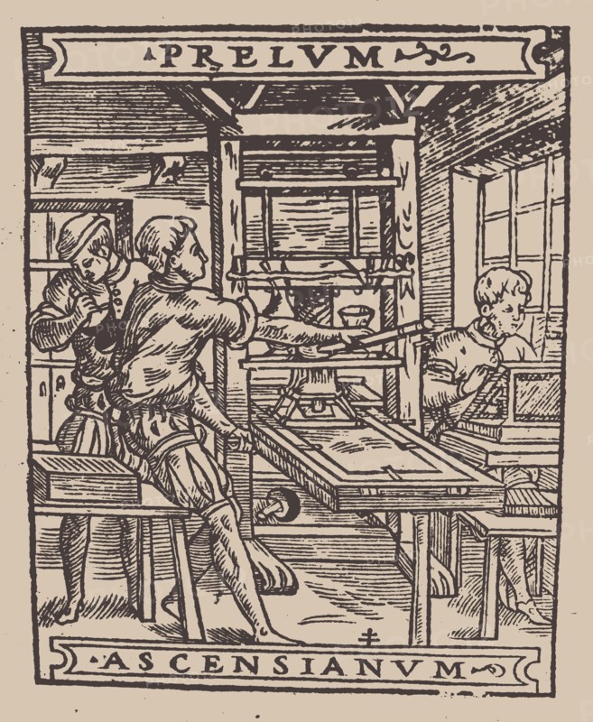 Prelum Ascensianum: printer's device with the printing press at work, First quarter of 16th cen. Creator: Anonymous.