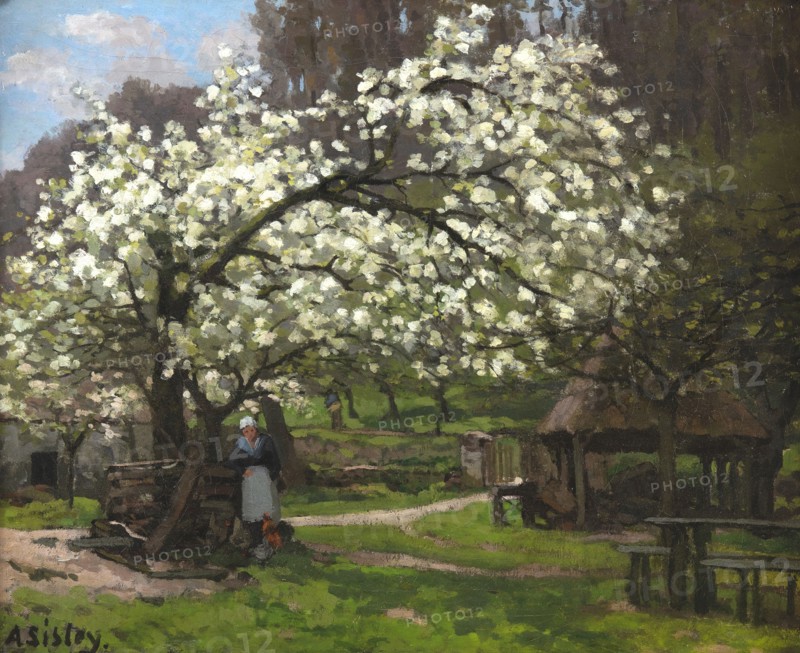 Printemps, paysanne sous les arbres en fleurs (Spring, peasant woman under..., ca. 1865. Creator: Sisley, Alfred (1839-1899).