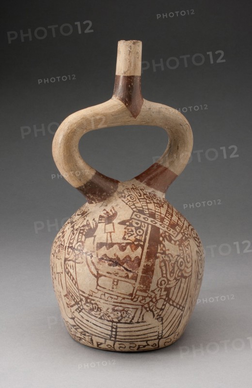 Stirrup Vessel with Fineline Painting Depicting Costumed Figured in a Reed Boat, 100 B.C./A.D. 500. Creator: Unknown.
