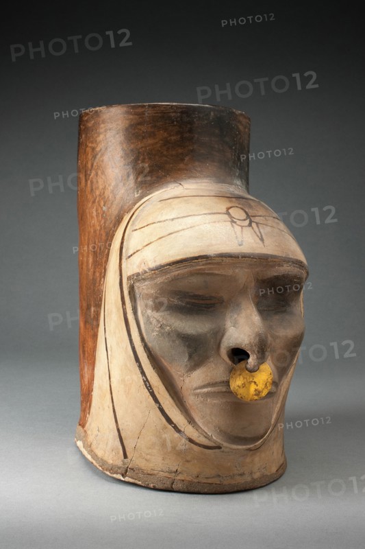 Fragment of a Jar in the Form of a Human Head, Possibly Deceased, Wearing a Nosering, 100 BC/AD 500. Creator: Unknown.