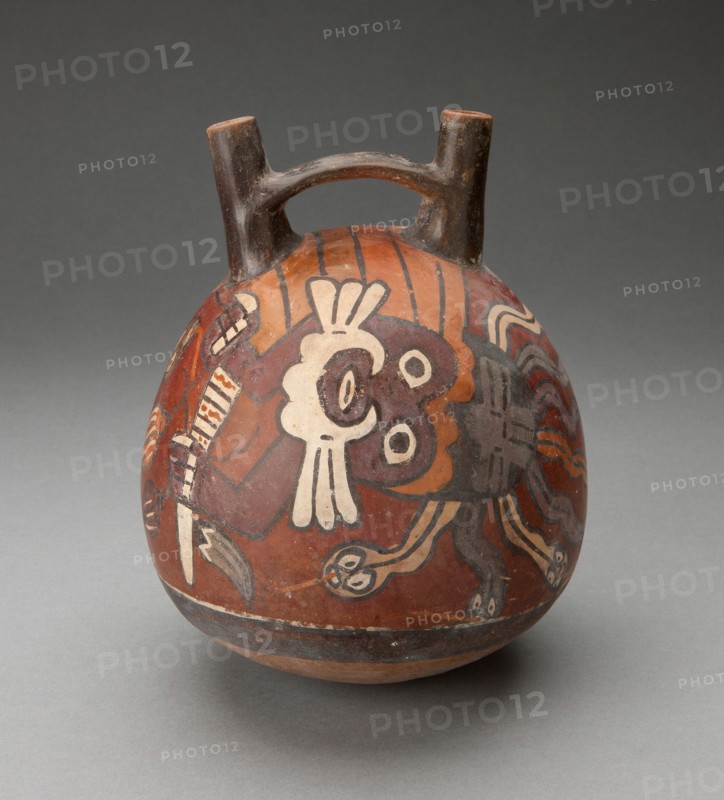 Double Spout and Bridge Vessel Depicting Costumed Performer with Snake Headdress, 180 BC/AD 500. Creator: Unknown.