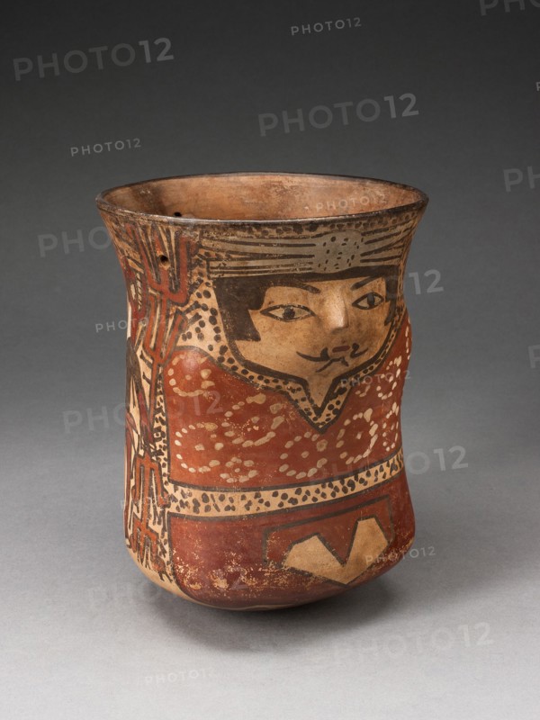 Beaker in the Form of a Figure with Painted Standing Figures Holding Staffs, 180 B.C./A.D. 500. Creator: Unknown.