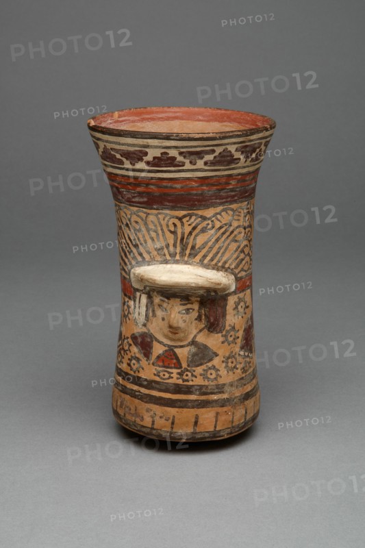 Beaker with Modeled Head Surrounded by Painted Abstract Motifs, 180 B.C./A.D. 500. Creator: Unknown.