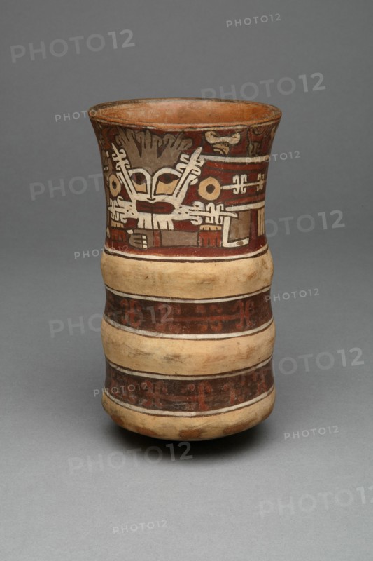 Beaker with Molded Horizontal Bands, Depicting a Masked Ritual Performer, 180 B.C./A.D. 500. Creator: Unknown.