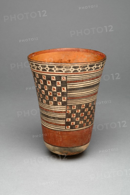 Beaker with Rectangular Areas Filled with Stripes and Checkerboard Patterns, 180 B.C./A.D. 500. Creator: Unknown.