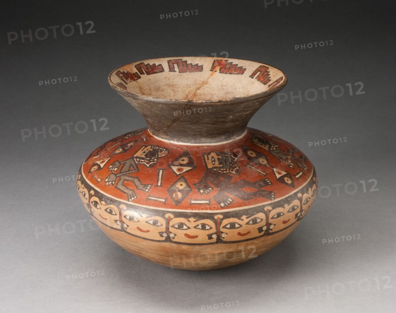 Jar with Narrow Neck and Flared Rim Depicing Figures with Diamond-Shaped Shields, 180 B.C./A.D. 500. Creator: Unknown.