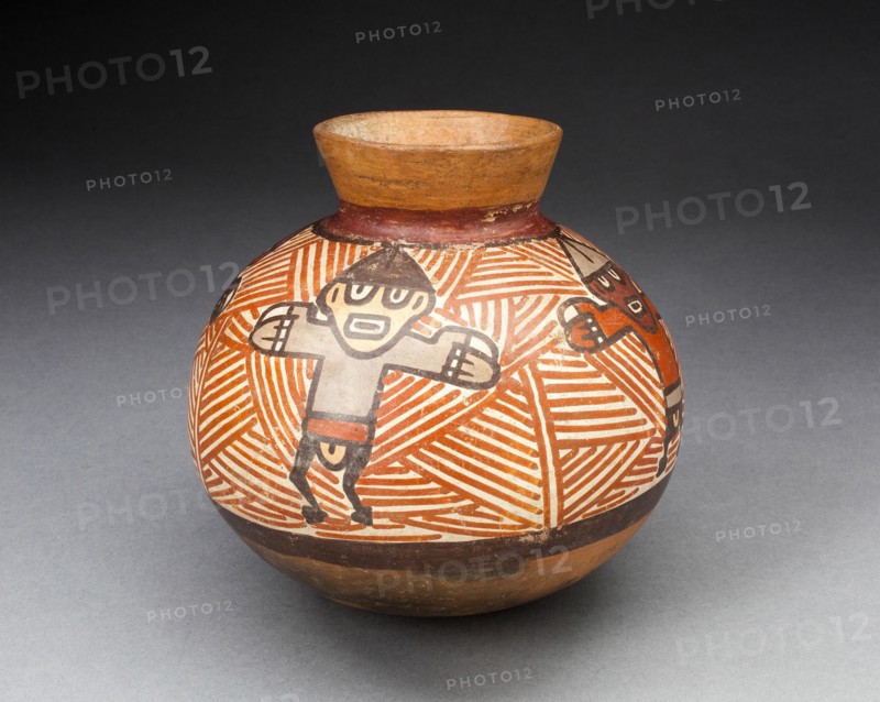 Small Jar Depicting Figures with Outstretched Arms, Standing against Red-Striped..., 180 B.C./A.D. 5 Creator: Unknown.