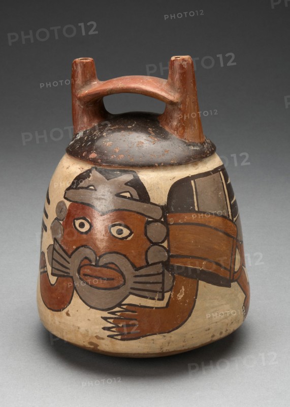 Double Spout Vessel Depicting Costumed Figure with Bird Attributes, Holding a Staff, 180 B.C./A.D. 5 Creator: Unknown.
