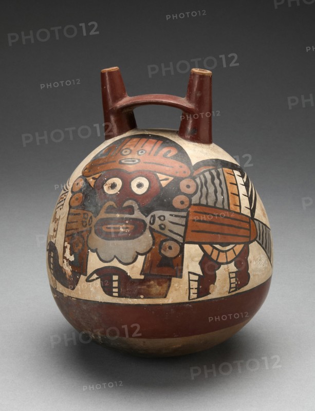 Double Spout Vessel Depicting Costumed Figure with Bird Attributes, Holding a Staff, 180 B.C./A.D. 5 Creator: Unknown.