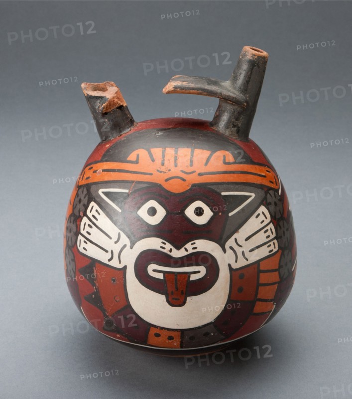 Bridge Vessel Depicting Costumed Ritual Performer Wearing Feline Mask, 180 B.C./A.D. 500. Creator: Unknown.