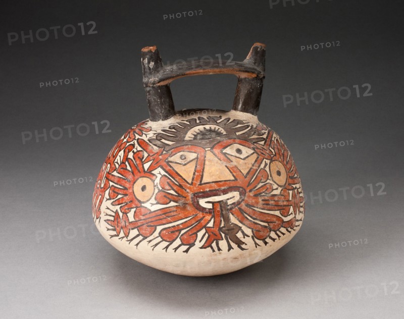 Doubnle Spout Vessel Depicing Ornametal Faces with Numerous Emanations, 180 B.C./A.D. 500. Creator: Unknown.