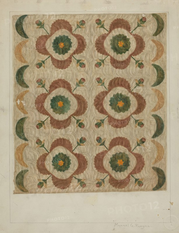 Applique and Quilted Coverlet, 1935/1942. Creator: Manuel G. Runyan.