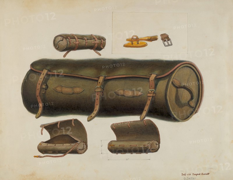 Rolled Leather Knapsack, c. 1937. Creators: Gordon Saltar, B. Berndt.