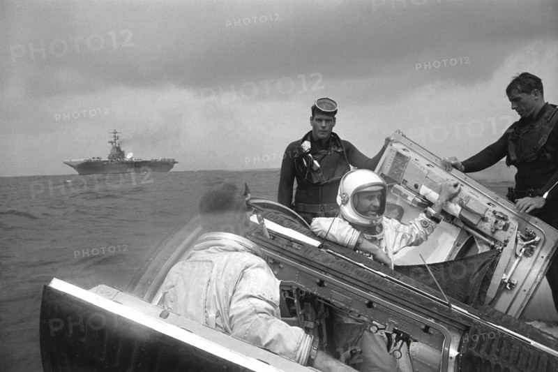 Gemini 9 crew waves to the Wasp, 1966. Creator: NASA.