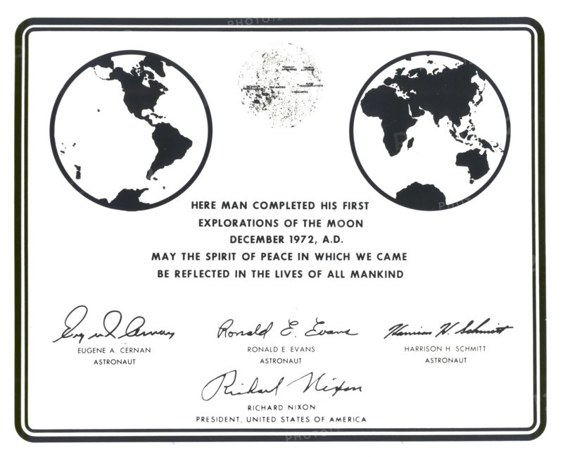 Replica of the plaque left on the Moon by Apollo 17 astronauts, 1972.  Creator: NASA.