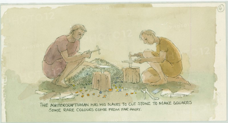 Two characters cutting stone to make small squares for the mosaicist, 2003. Creator: Judith Dobie.