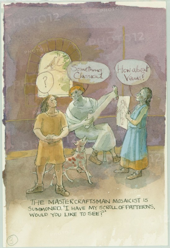 Two characters talking to a master craftsman and mosaicist, 2003. Creator: Judith Dobie.