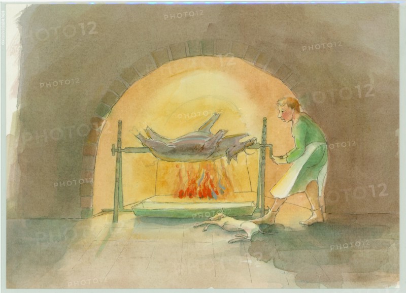 A medieval spit boy, who turns a spit in the kitchen, 2004. Creator: Judith Dobie.