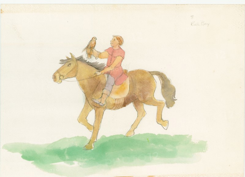 A medieval man, shown riding a horse with a bird of prey on his arm, 2004. Creator: Judith Dobie.