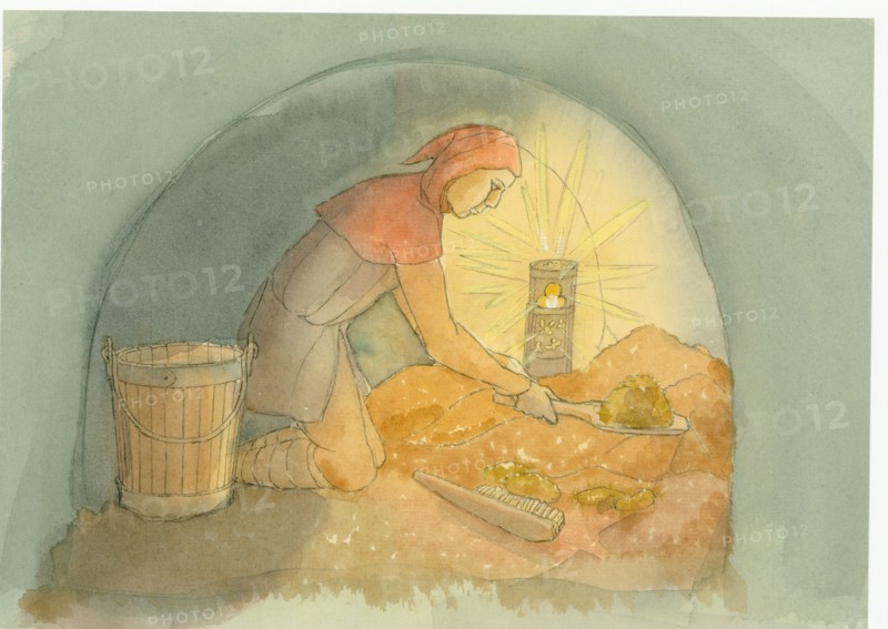 A medieval gongfermour, or gong farmer, at work, 2004. Creator: Judith Dobie.