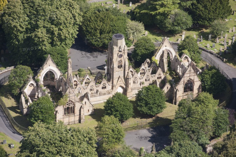 Derelict cemetery chapel at Flaybrick Memorial Gardens, Birkenhead, Wirral, 2015. Creator: Historic England.