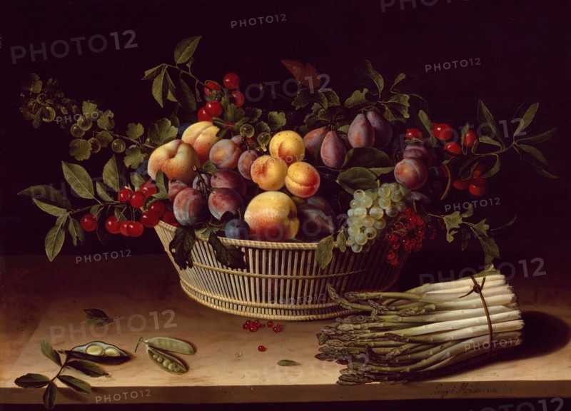 Still Life with a Basket of Fruit and a Bunch of Asparagus, 1630. Creator: Louise Moillon.