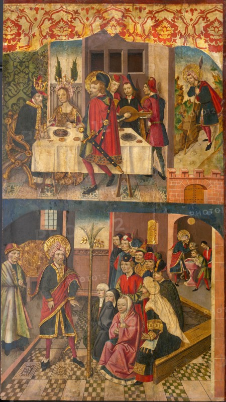 Saint Christopher Taking Leave of the King Who Feared Satan; Saint Christopher and His Converts... Creator: Martín de Soria.