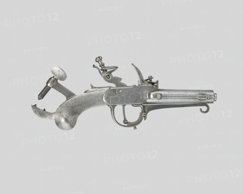 Flintlock Alarm-Trap Pistol, France, c. 1800. Creator: Unknown.