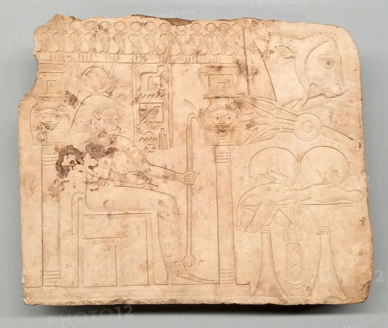 Artist's Trial Piece: Hathor in Shrine, Offerings, Ox Head, Egypt, Late Period, Dynasty 26 (664-525  Creator: Unknown.