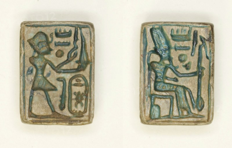 Plaque: Amenhotep II Offers Incense/Amun-Re Seated on Throne, Egypt, New Kingdom, Dynasty... Creator: Unknown.