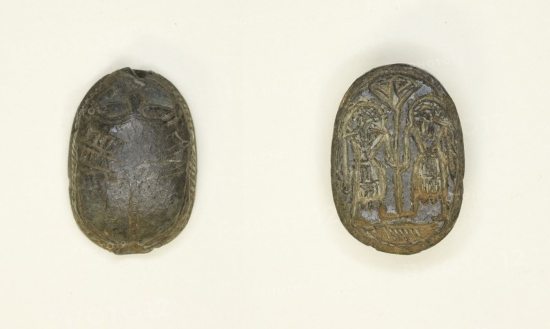 Scaraboid: Face Motif on Top; Two Figures Holding Flower on Base, Egypt, Second Intermediate... Creator: Unknown.