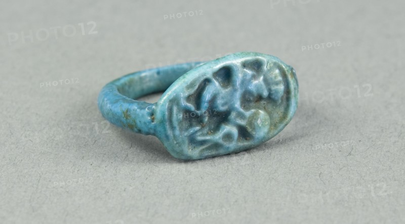 Ring: Figure of Bes playing frame drum, sa (protection) before him, Egypt, New Kingdom, Dynasty 18.. Creator: Unknown.