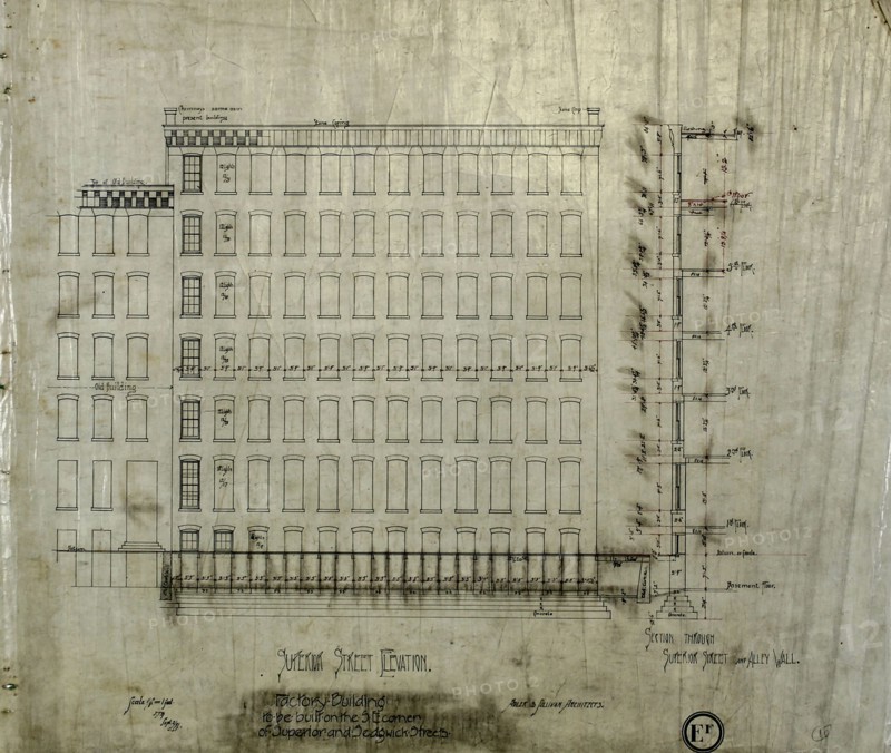Brunswick Balke Collender Company Factory Building, Chicago, Illinois, Elevation and Section, 1891. Creator: Adler & Sullivan.