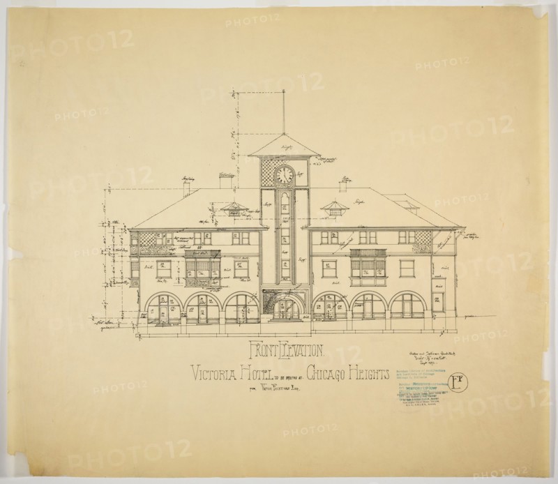 Victoria Hotel, Chicago Heights, Illinois, Front Elevation, 1892. Creator: Adler & Sullivan.