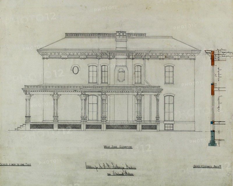 Joseph H. Lathrop House Addition, Elmhurst, Illinois, Elevation and Section, c. 1870. Creator: Bauer & Loebnitz.
