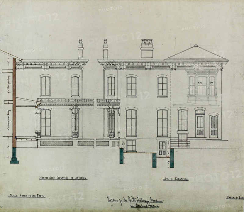 Joseph H. Lathrop House Addition, Elmhurst, Illinois, Elevations and Section, c. 1870. Creator: Bauer & Loebnitz.